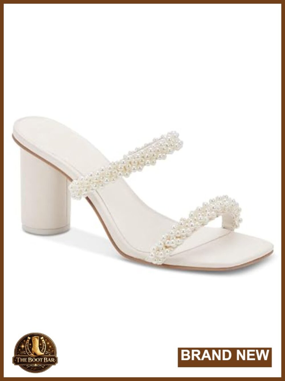 Chunky Heeled Sandals Pearl Strappy Open Square Toe Slip-on Block Heels Mules